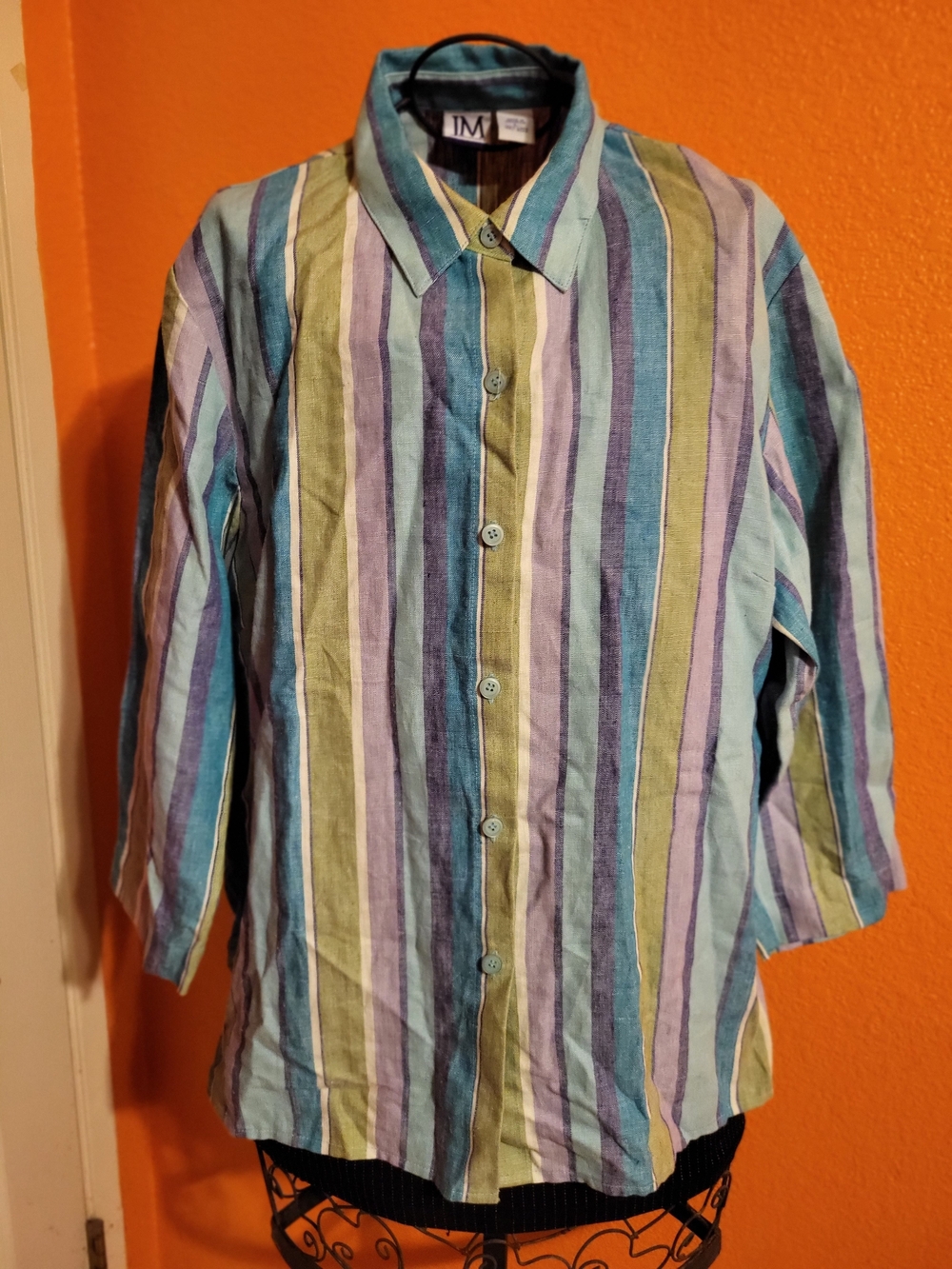 JM COLLECTION Striped Button-Front women Shirt in Pastel Blue, Green & Lavender